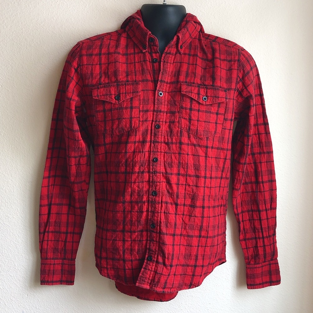 Foreign Exchange Red Plaid Hooded Button Down